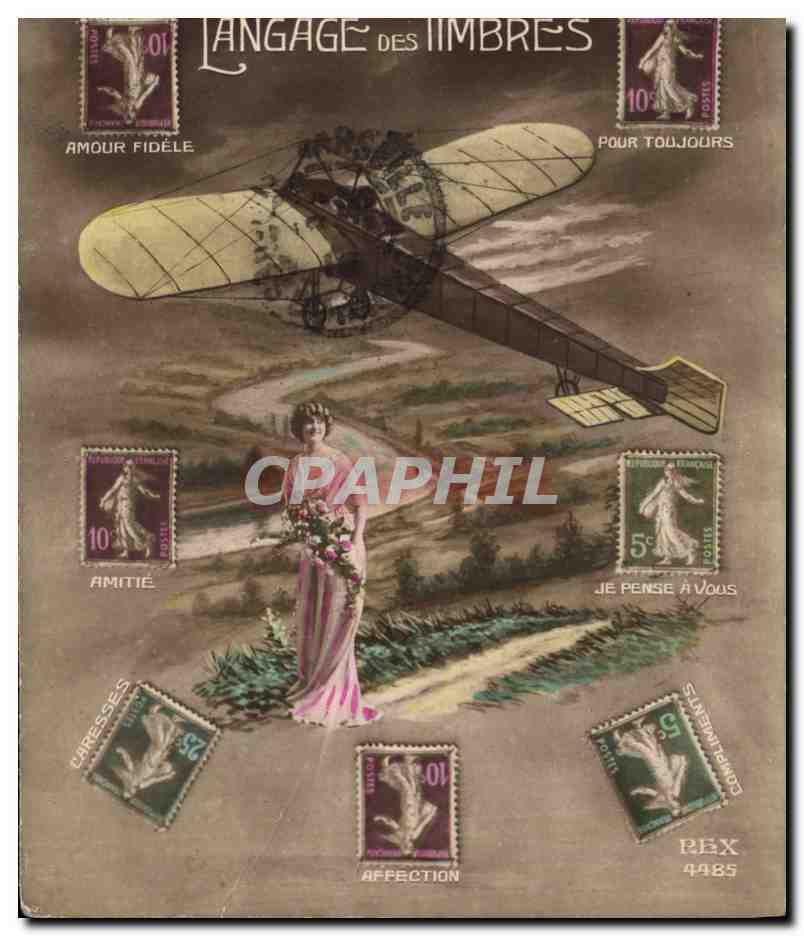 CPA Fantaisie Langage des timbres Fmme Avion Aviation Semeuse 