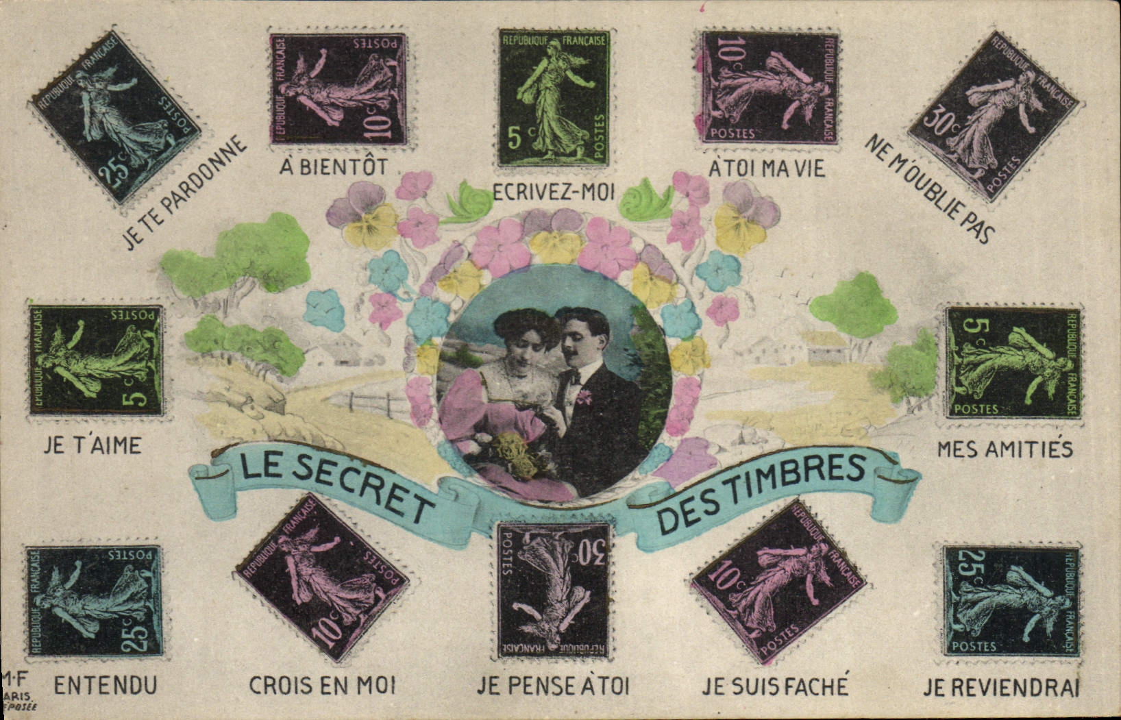 CPA Fantaisie Langage des timbres Type Semeuse 10c 