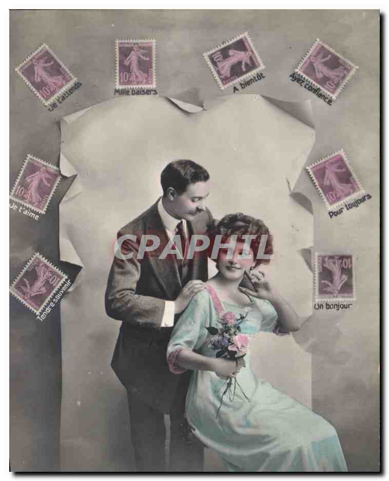 CPA Fantaisie Langage du timbre Femme Semeuse 10c 