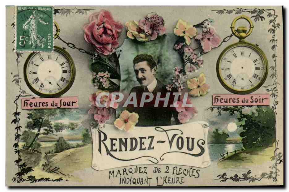 CPA Fantaisie Rendez vous Heures du jour Heures du soir Montre a gousset 