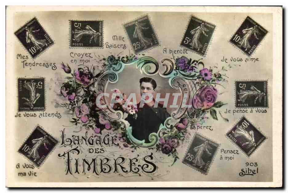 CPA Fantaisie Langage des timbres Semeuse 