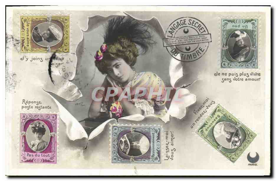 CPA Fantaisie Langage des Timbres Femme 