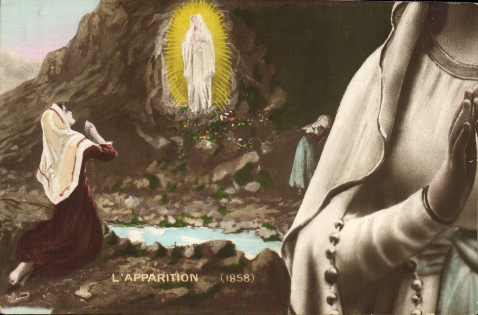 CPA Puzzle Folklore Lourdes L'apparition 