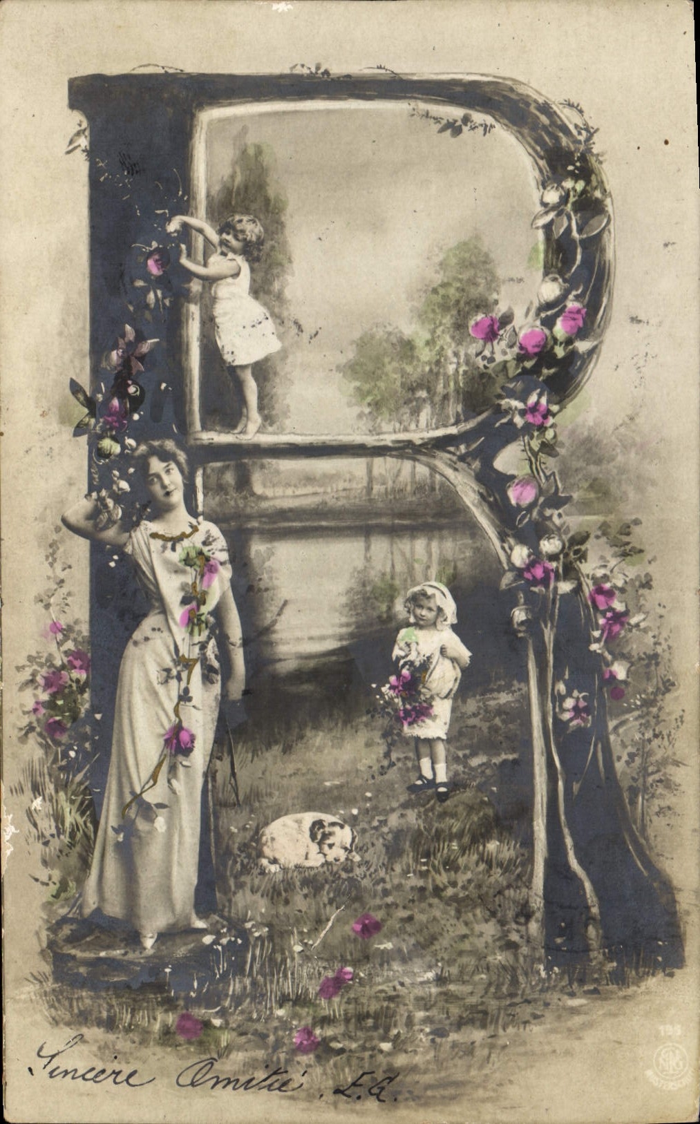 Frau und zwei Kinder in einem blumigen Rahmen — Sincère Amitié, L.E. — Verlag L.E.