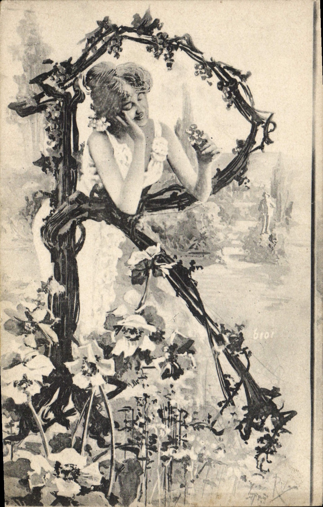 Femme dans un cadre végétal — Art nouveau — éditeur Bior, n° 6101