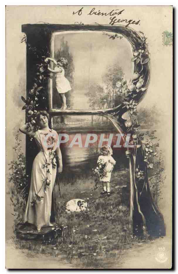 Femme et enfants dans un décor de lettres — Imprimeur Bréantat Georges — n° 195