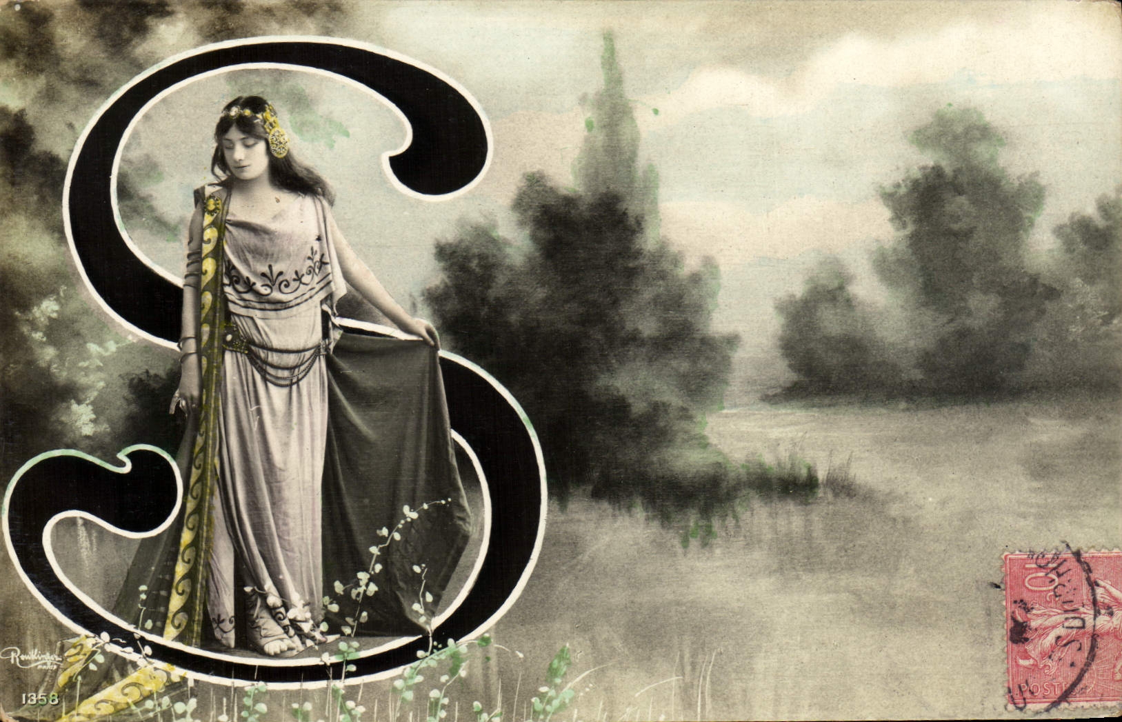 Femme dans une grande lettre S — illustration artistique — éditeur Rondel, n° 1358