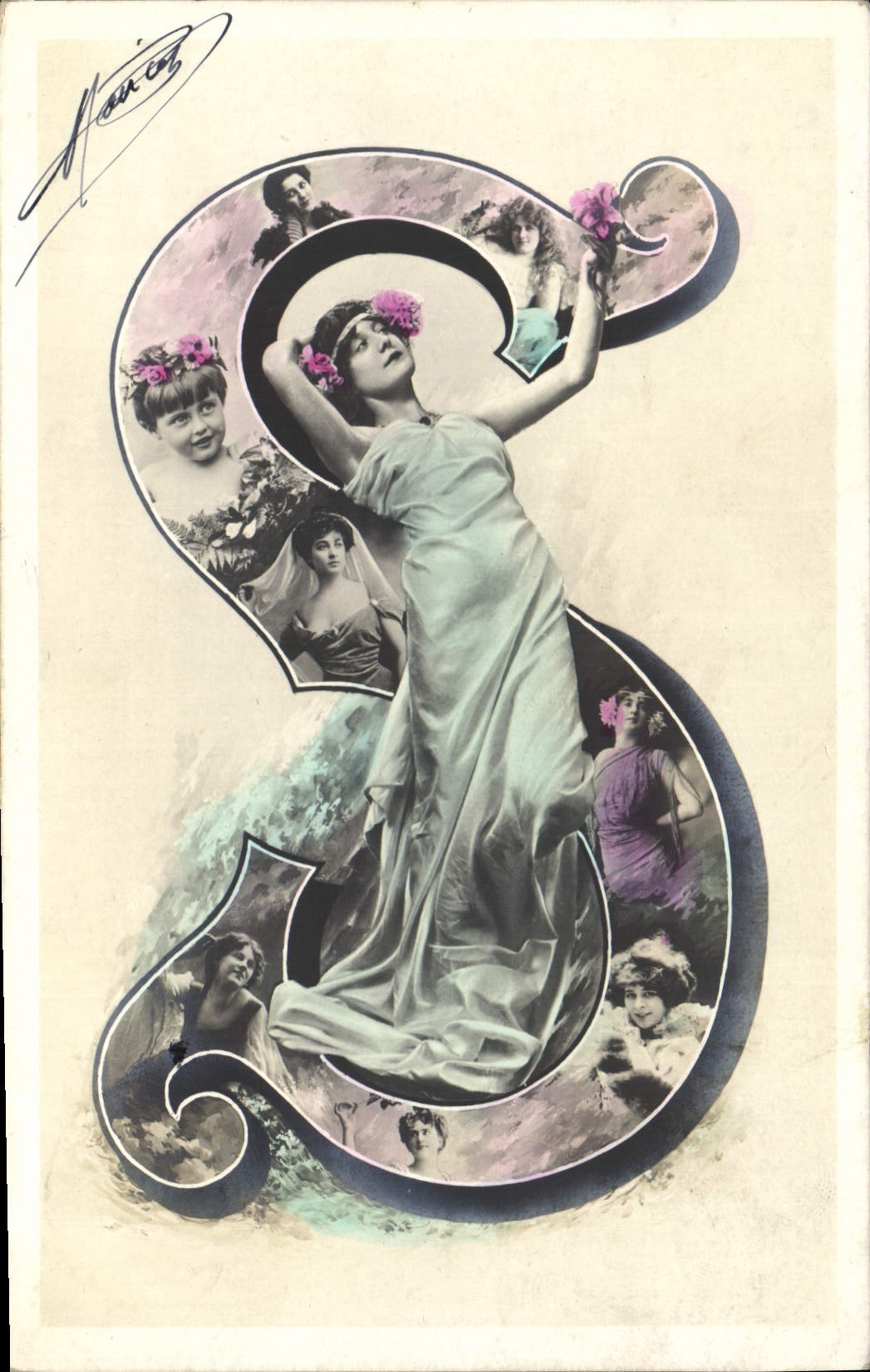 Femme dans une grande lettre S décorative — éditeur Harris — n° de série non visible