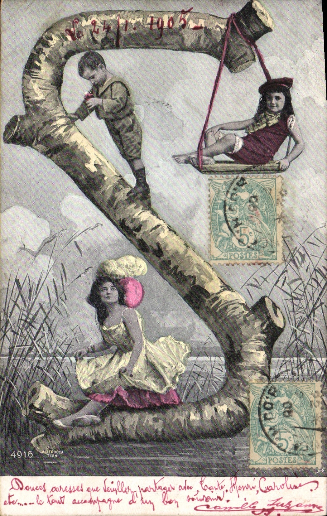 Enfants et femme sur un tronc d'arbre — éditeur Astrocasa Terni, n° 4916