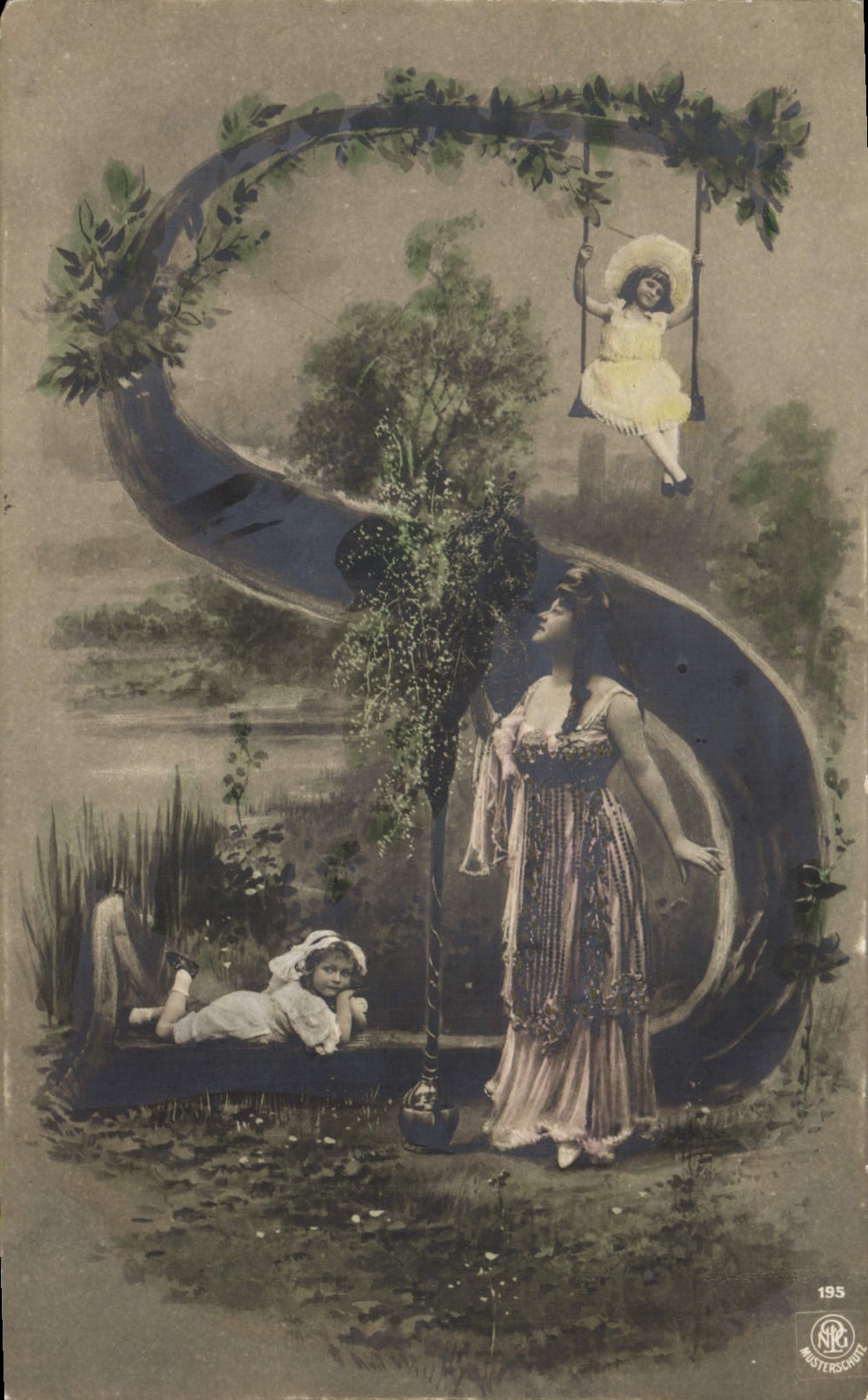 Femme et enfants dans un jardin — scène idyllique — NRG Meisterschule, n° 195