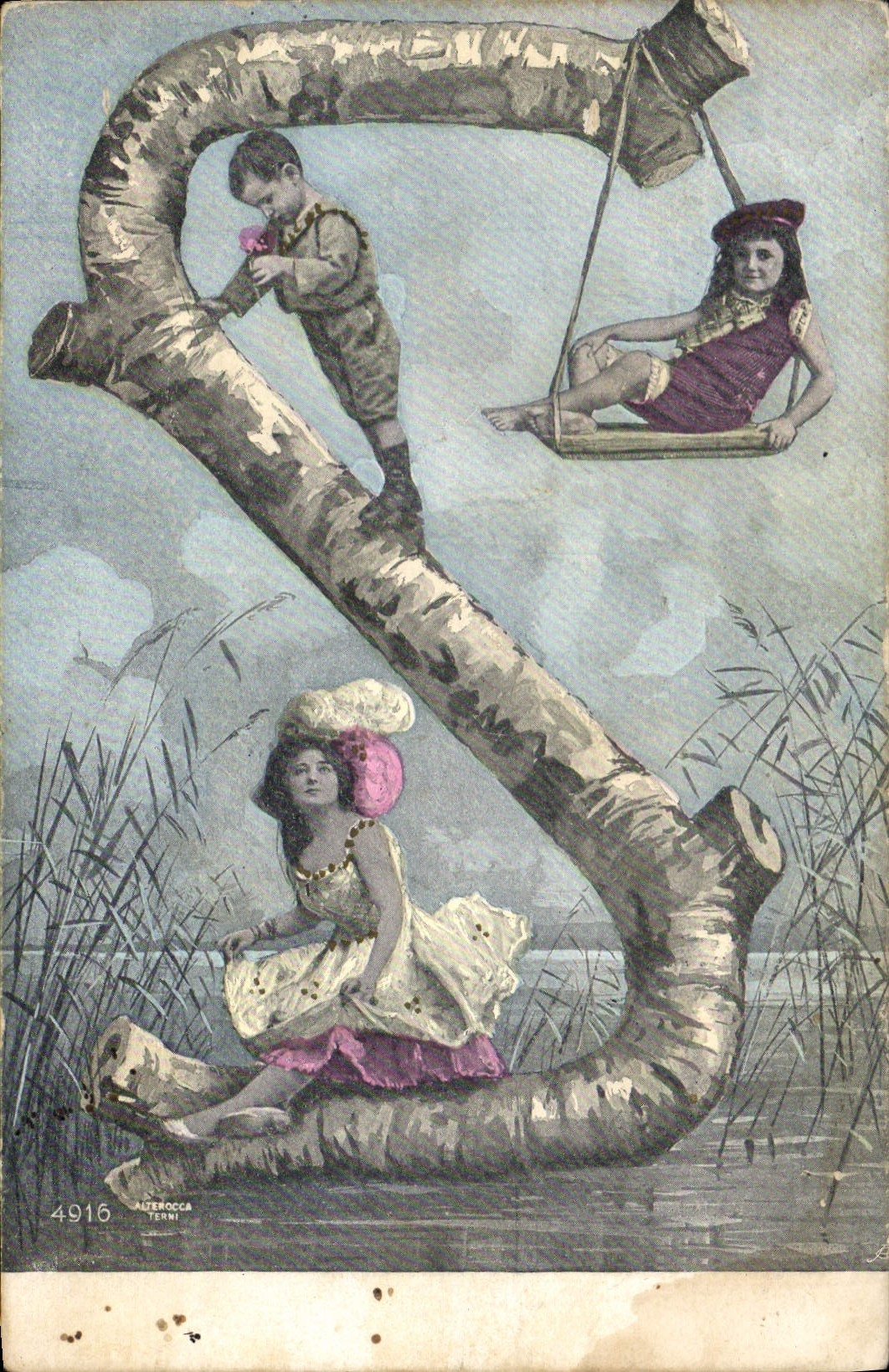 Enfants et jeune fille jouant sur un tronc d'arbre — Alterocca, n°4916