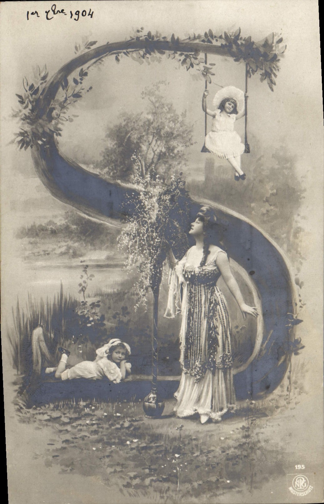 Femme et enfants dans un décor de jardin — éditeur N.R. Meisterschule, n° 195