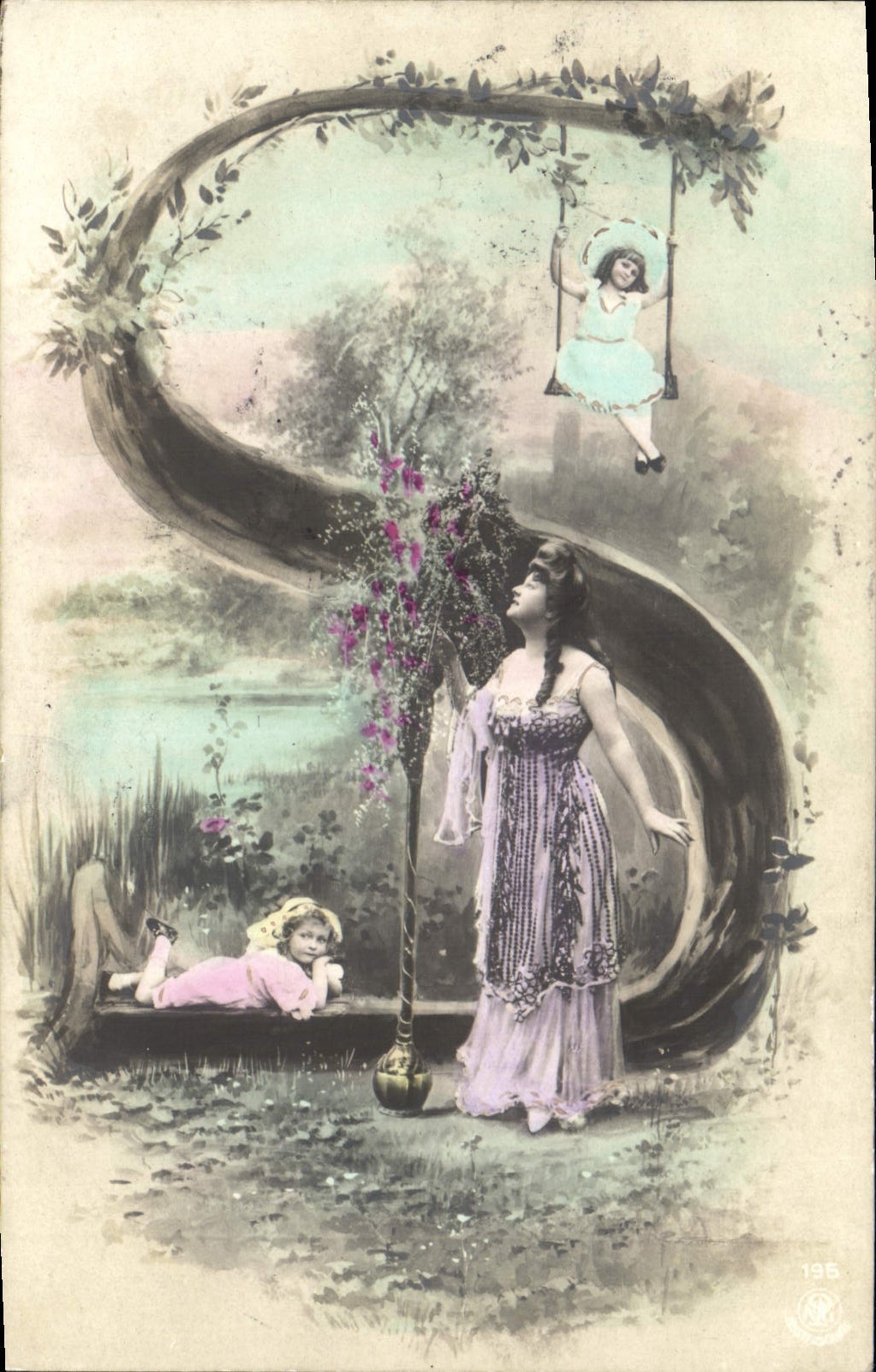 Femmes et enfants dans un jardin — illustration — série 195, éditeur non identifié
