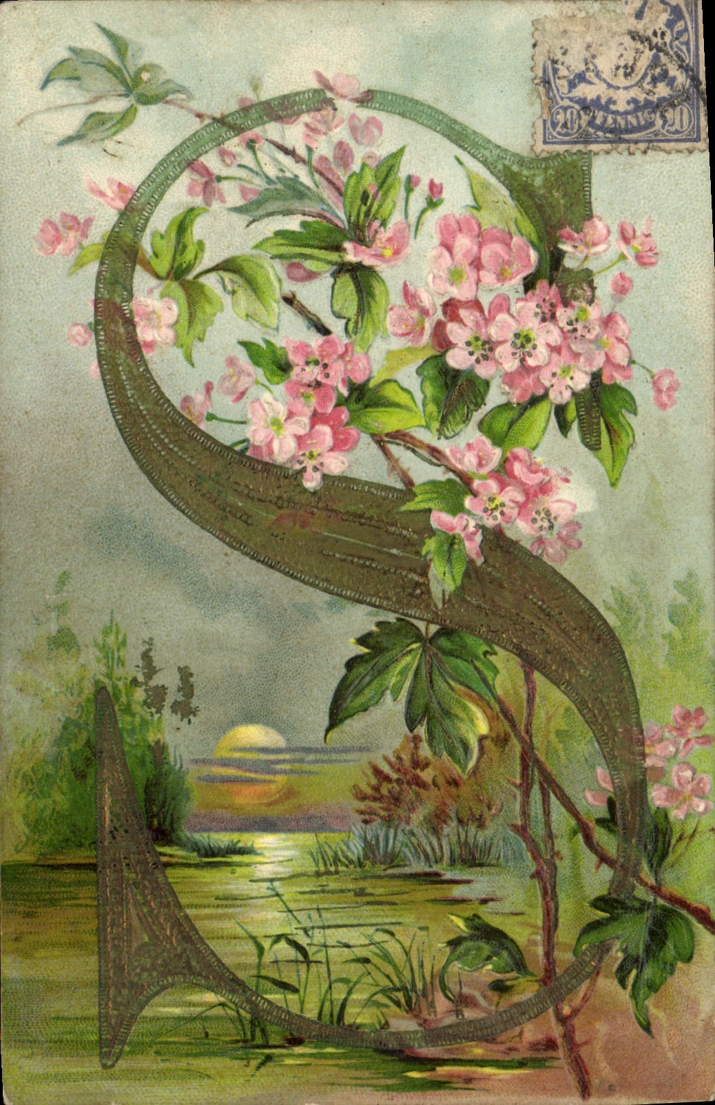 Kirschblüten — S-Verzierung — Flusslandschaft am Sonnenuntergang — Verlag CPAPHIL, Seriennummer 2
