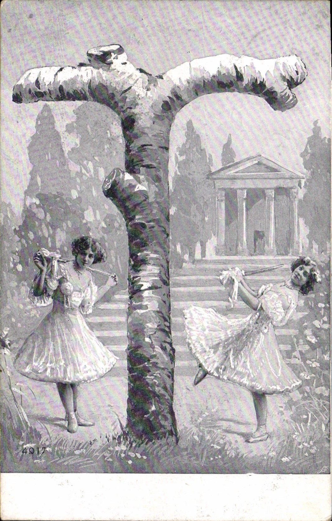 Zwei junge Mädchen, die nahe einem Baum Flöte spielen — Verlag 'L'ATELIER' n°4917