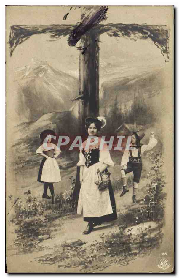 Trois jeunes femmes en tenue traditionnelle alpine — devant un grand croix de montagne — éditeur SRB, n° 183