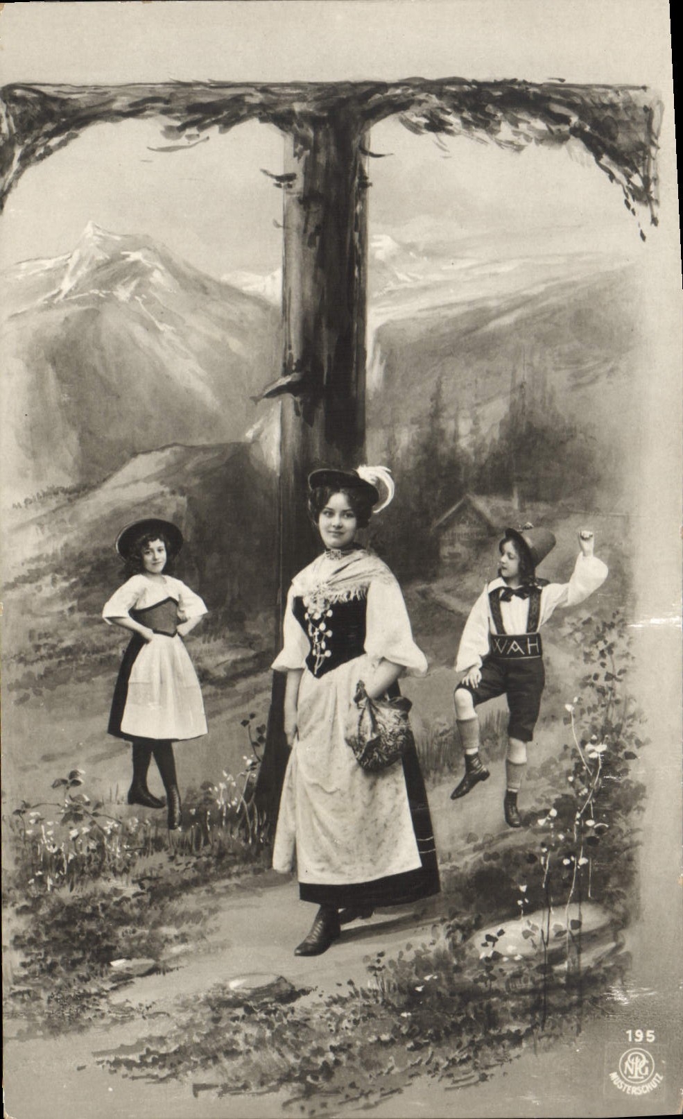 Famille en costume traditionnel — Alpes — éditeur NIG METTERSCHWILL n°195