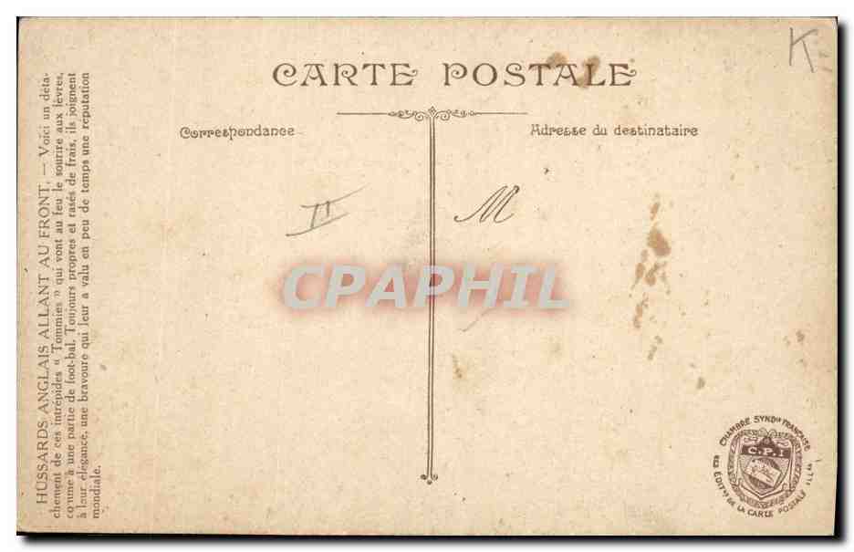 CPA Militaria Hussards anglais allant au front — Rückseite