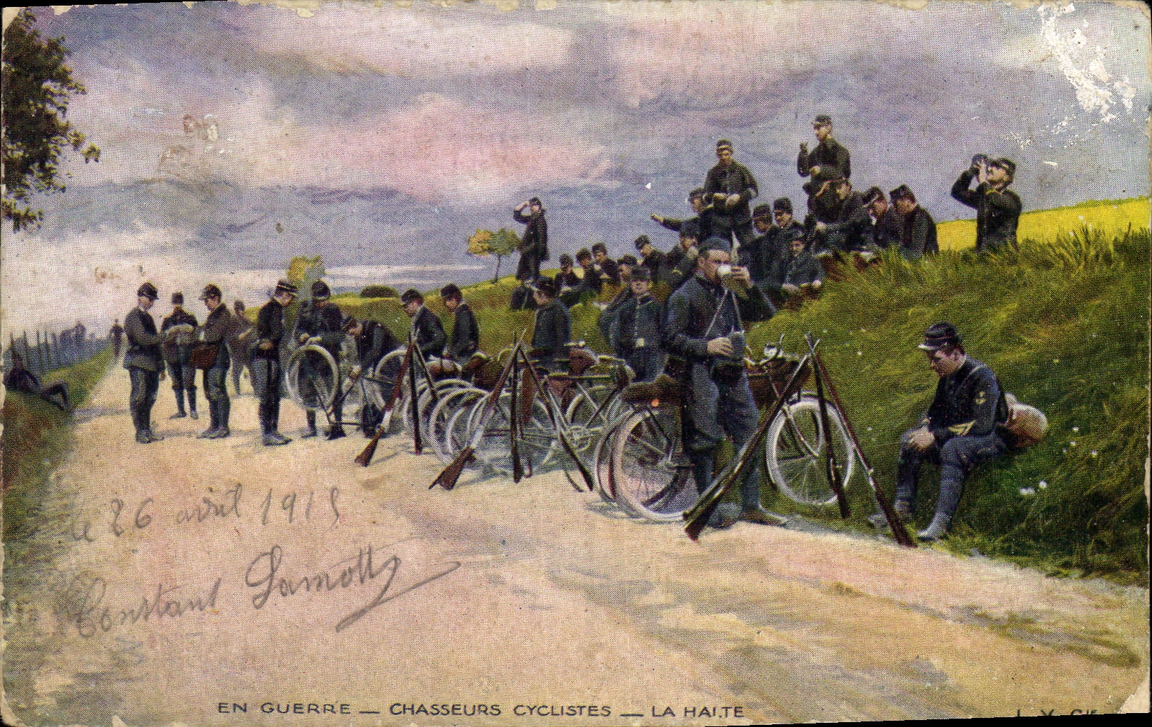 CPA Militaria Chasseurs cyclistes La halte Velo Cycle
