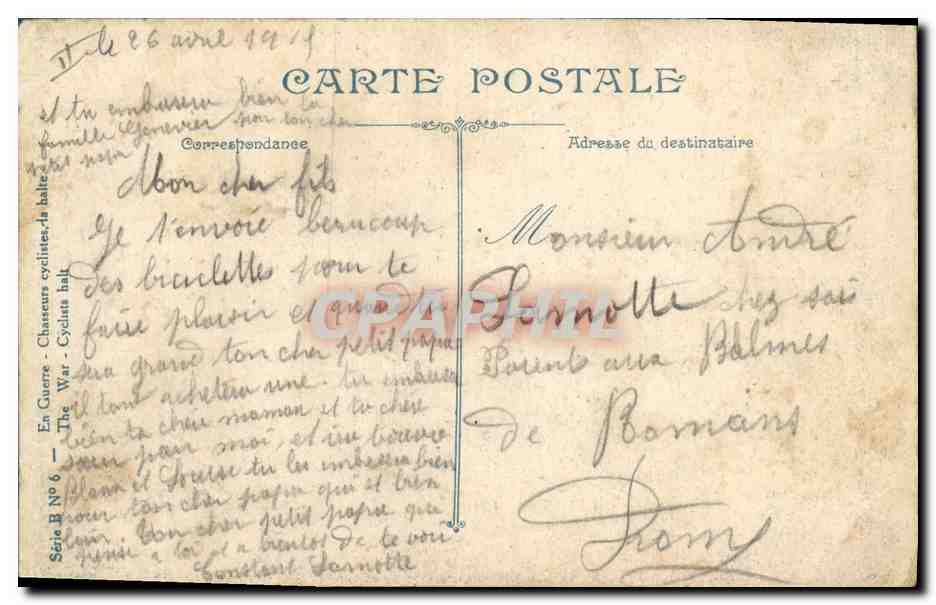 CPA Militaria Chasseurs cyclistes La halte Velo Cycle — Rückseite