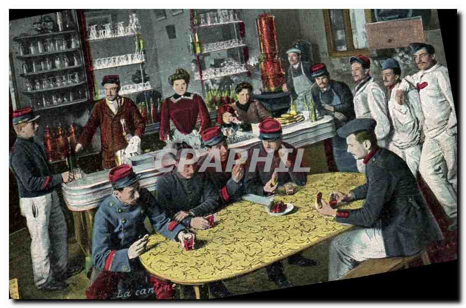 La cantine — scène de soldats en tenue d'infanterie — éditeur : AQUA & PHOTO, PARIS, n° 3613