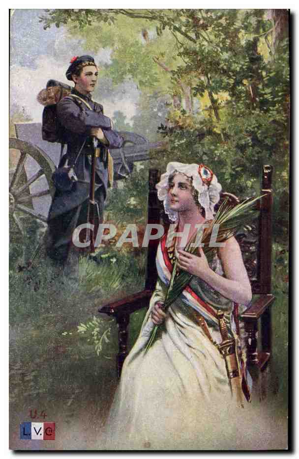 Soldat et femme en robe blanche — scène de jardin — éditeur L.V.C. n° 14