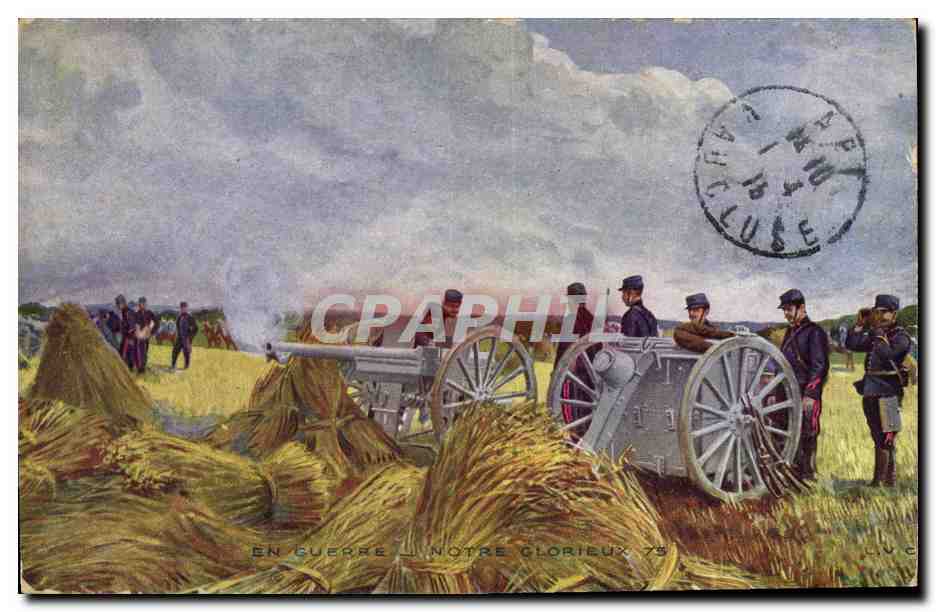 Soldats français en action avec un canon — En guerre, notre glorieux 75 — éditeur L.V.C.