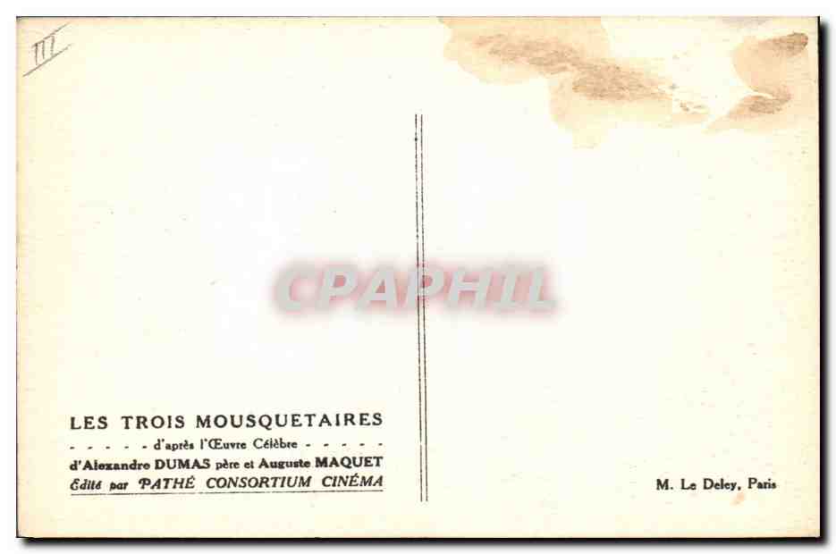 Los Tres Mosqueteros — escena de calle con caballeros y habitantes — editado por Pathé Consortium Cinéma — Reverso