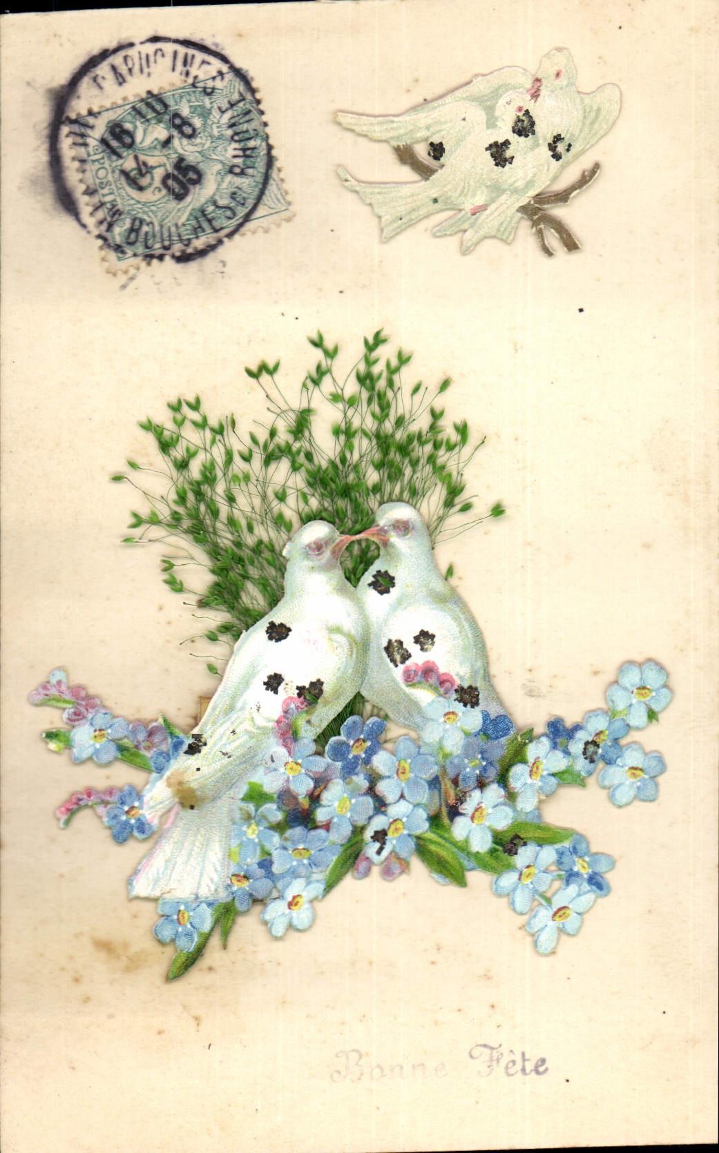 Dos palomas entre flores — Feliz cumpleaños — París, 1918