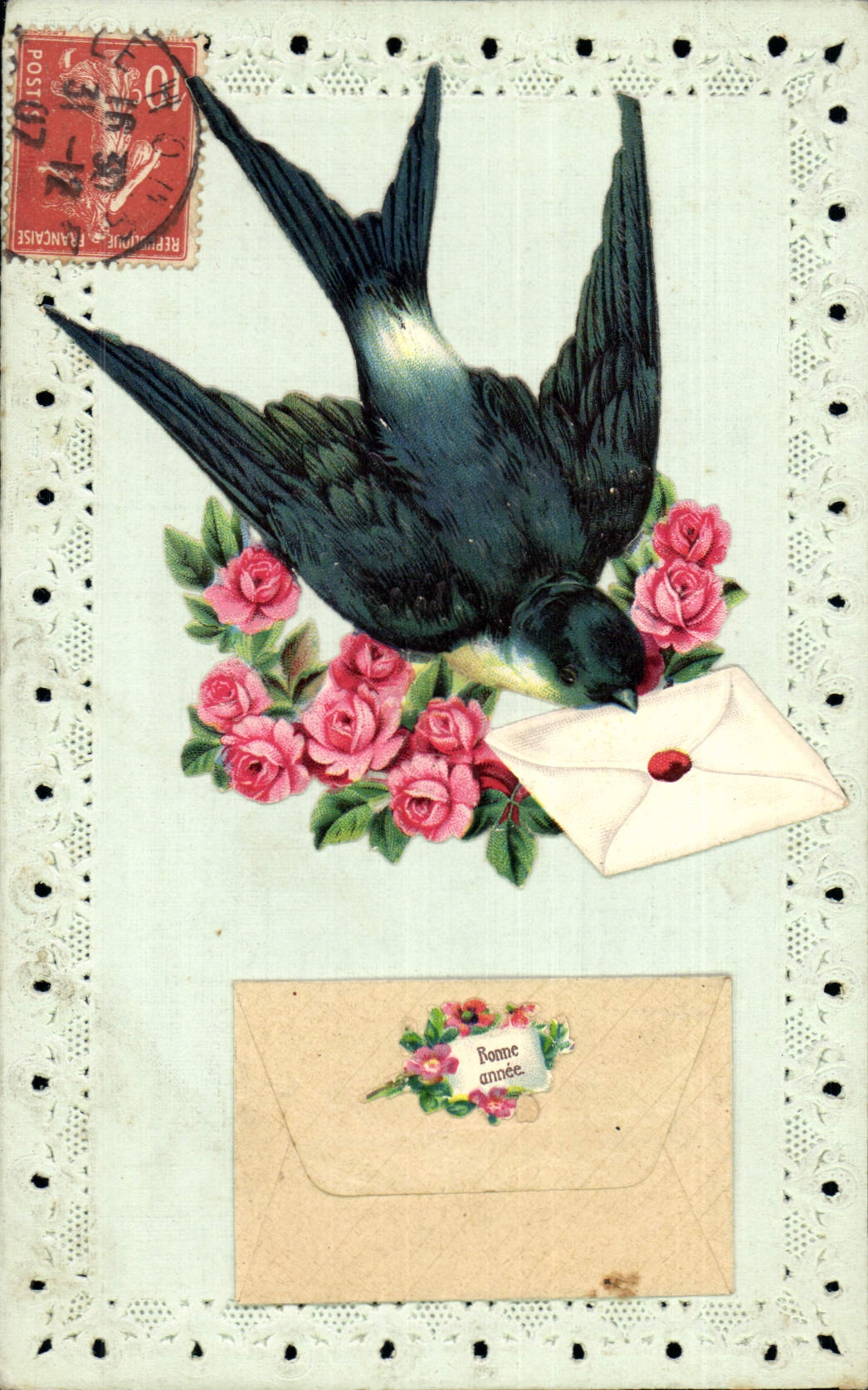 CPA Brodee Fantaisie Fleurs Hirondelle