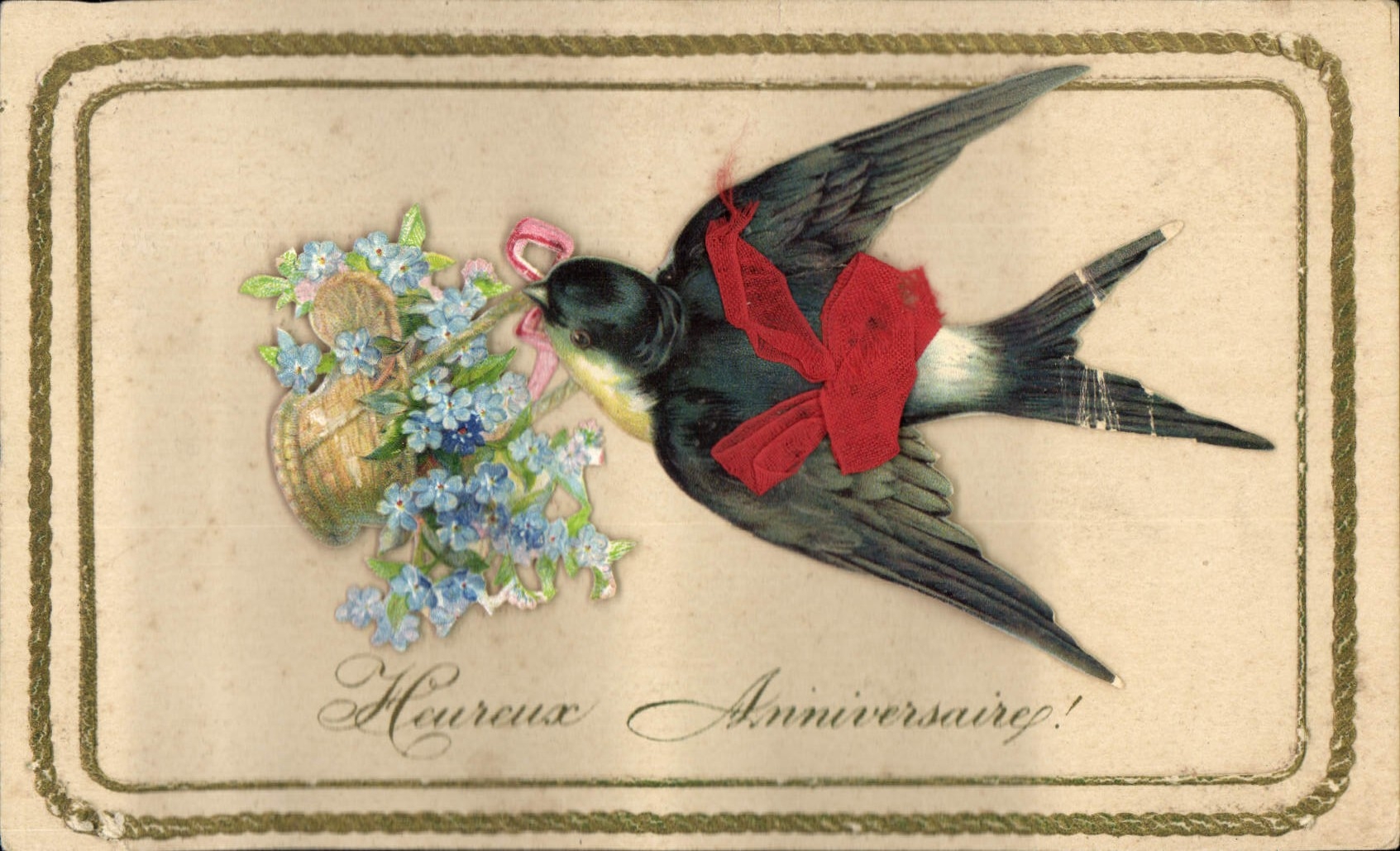 Oiseau portant un bouquet — Anniversaire — Carte postale