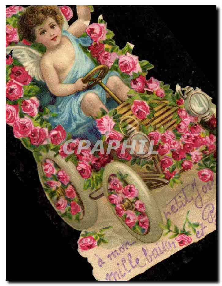 CPA Fantaisie Fleurs Enfant Ange Automobile