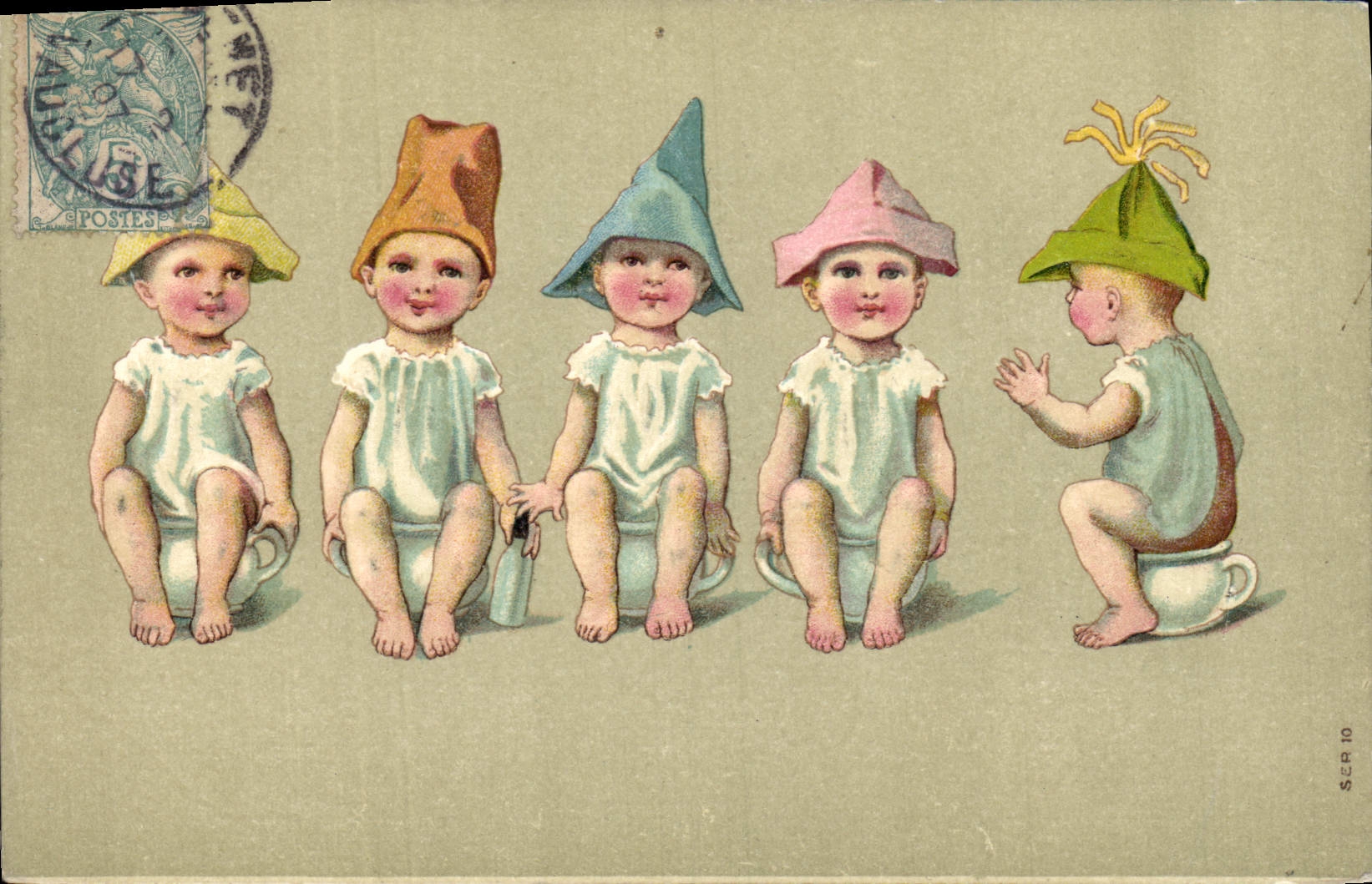 Cinq bébés en bonnets de gnome — série 10 — éditeur SER 10