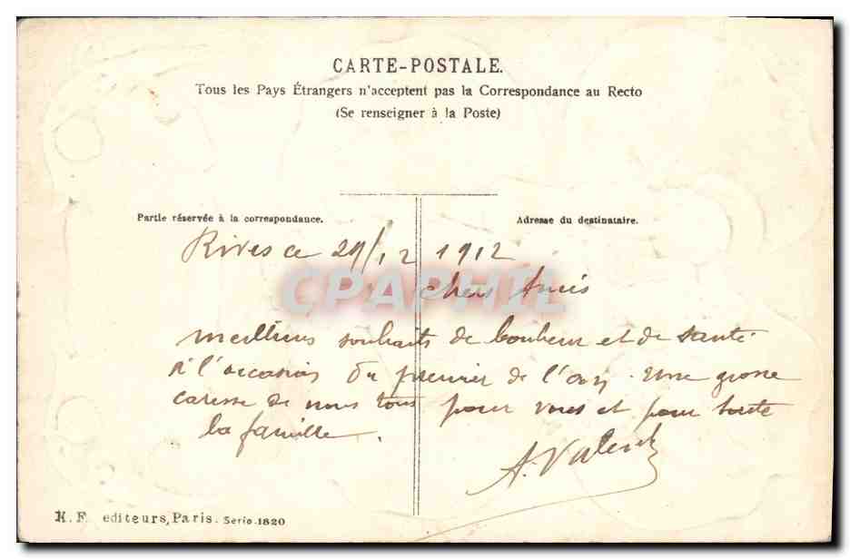 Enfants sur feuille de trèfle — Amitié Sincère — R.F. éditeurs, Paris, Série 1820 — Verso