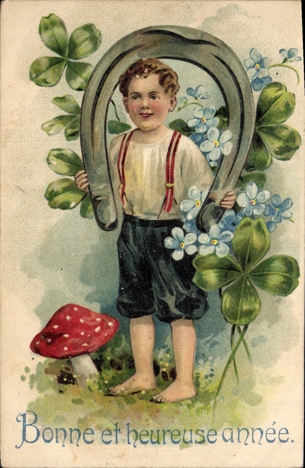 Enfant avec sabot de chance — Bonne et heureuse année — éditeur non visible