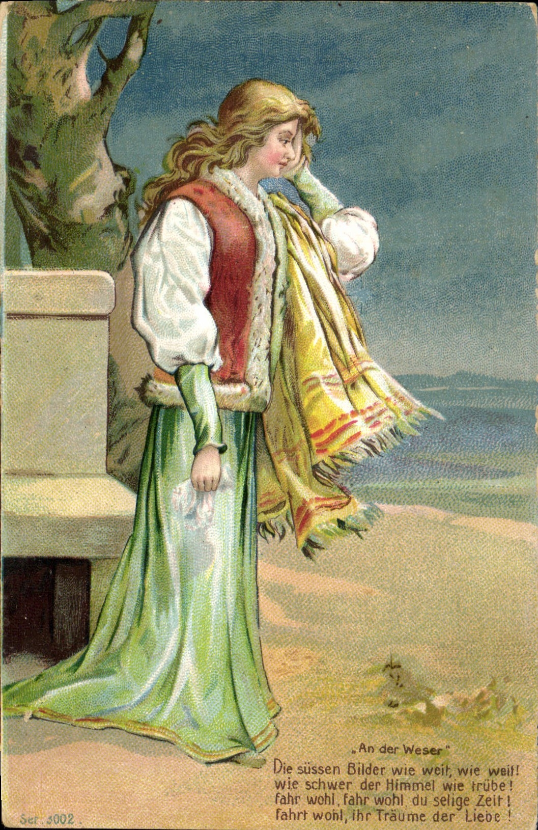 Femme en robe verte et écharpe jaune — 'An der Weser' — série 3002