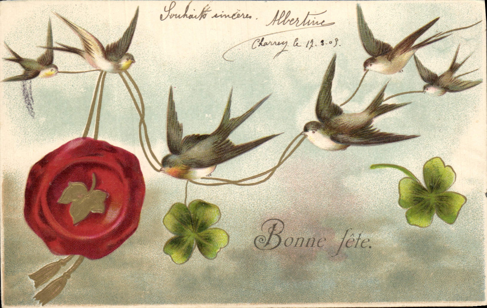 CPA Fantaisie Fleurs Trefles Hirondelles 