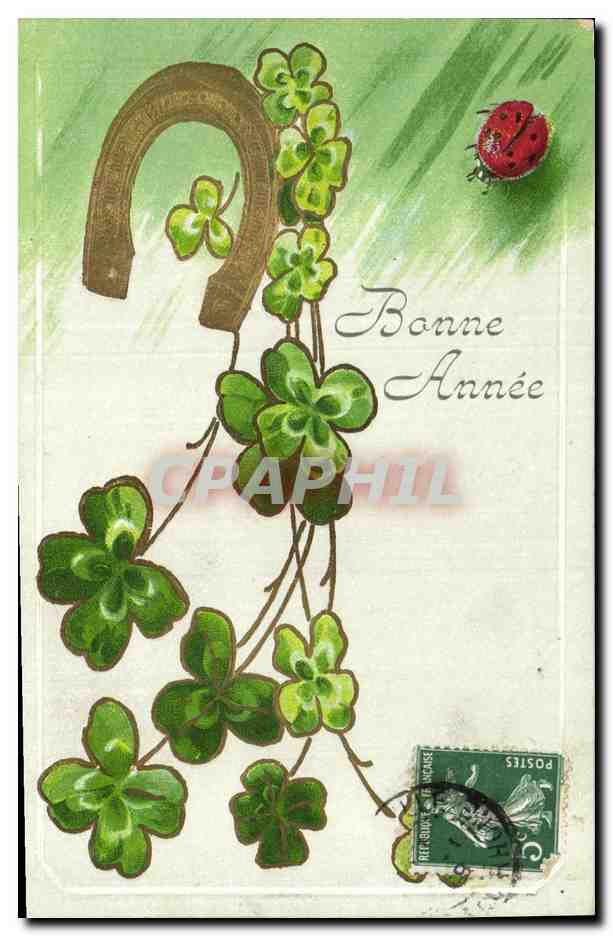 CPA Fantaisie Fleurs Trefles Fer a cheval 