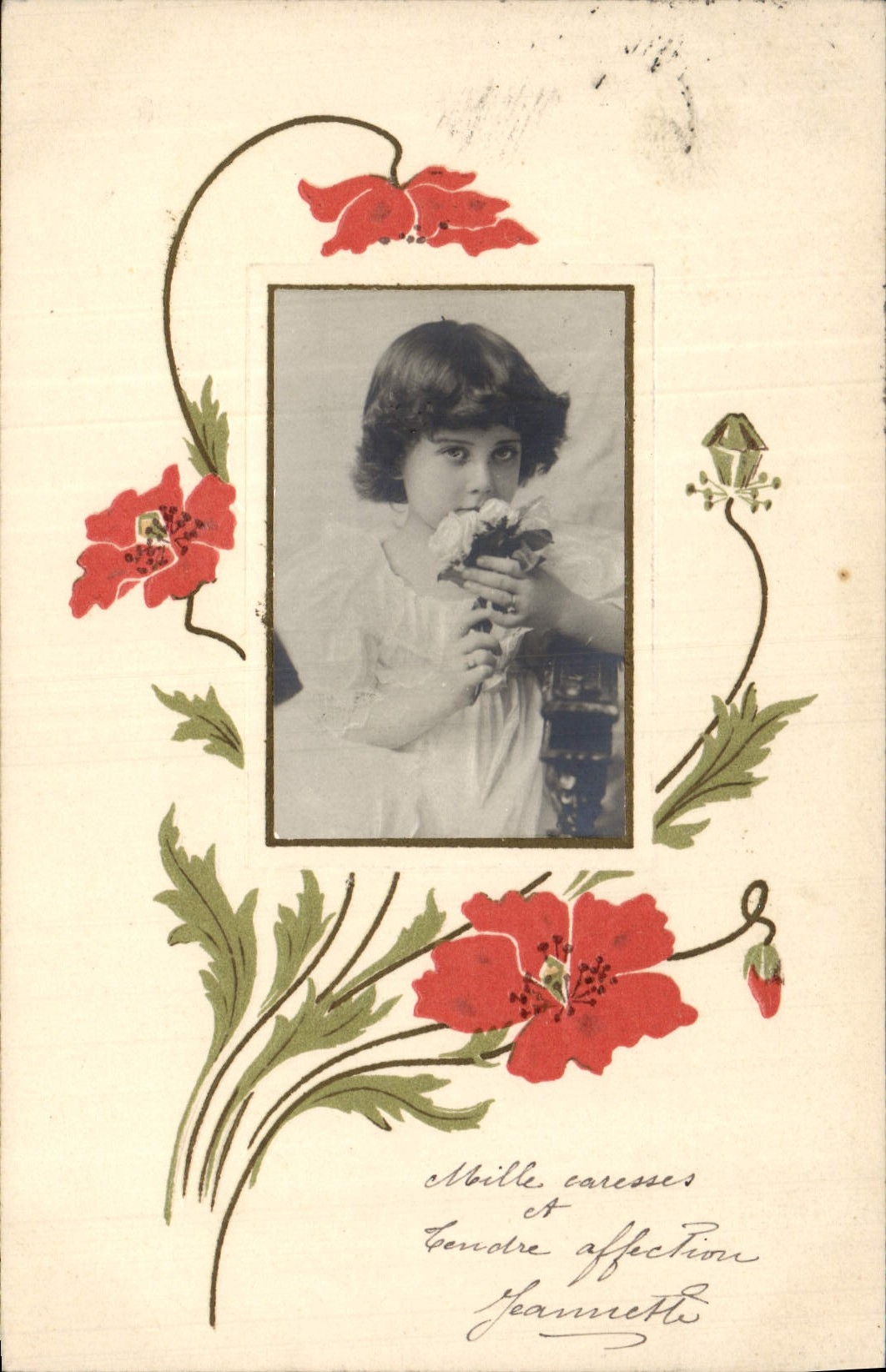 Fille en robe blanche — carte postale décorée de pavots rouges — éditeur S. 404