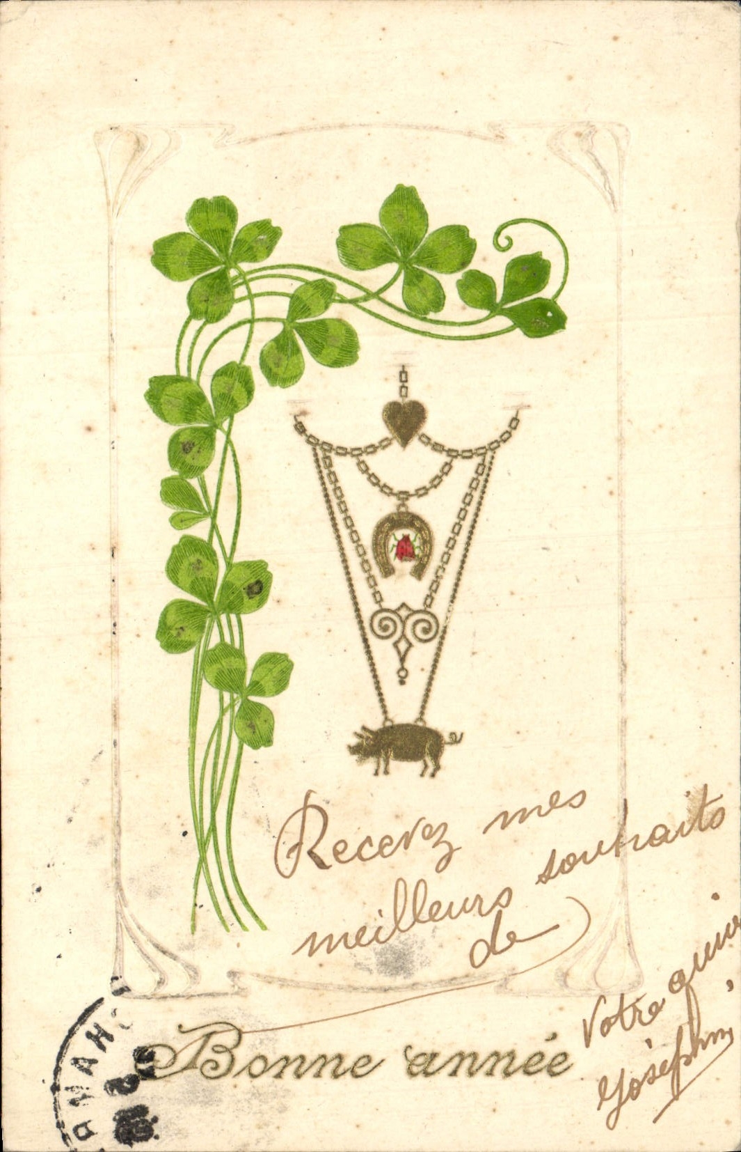CPA Fantaisie Fleurs Trefles Cochon Porc 