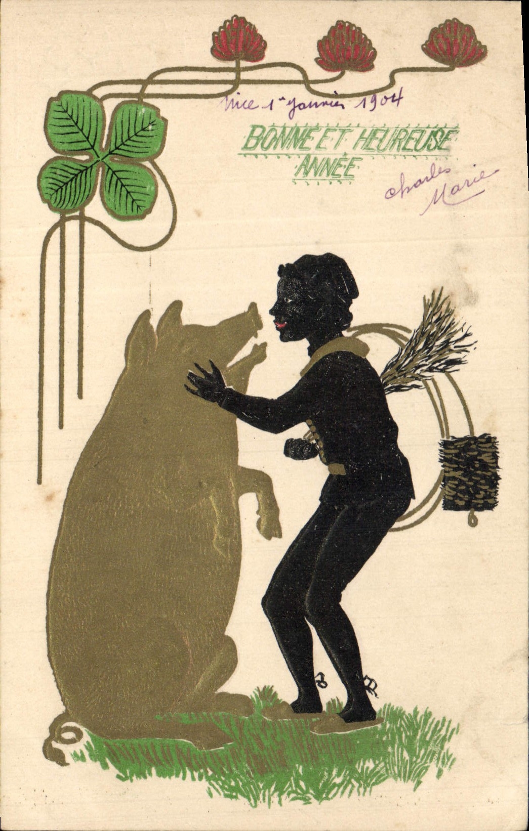CPA Fantaisie Fleurs Enfant Ramoneur Cochon Porc 