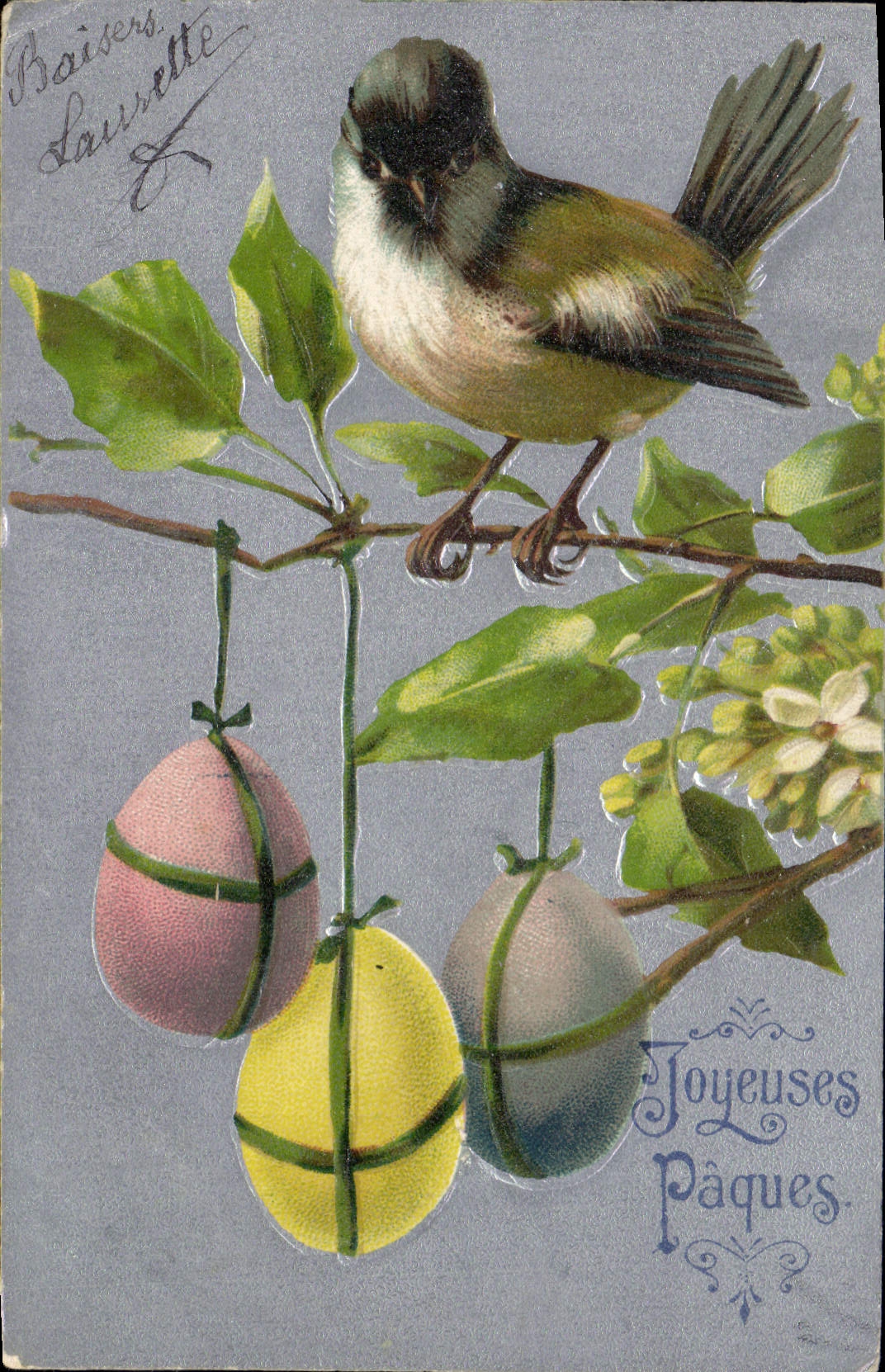 CPA Fantaisie Fleurs Oiseau Paques oeufs 