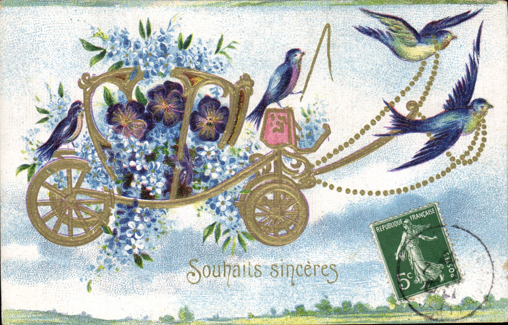 CPA Fantaisie Fleurs Oiseaux 