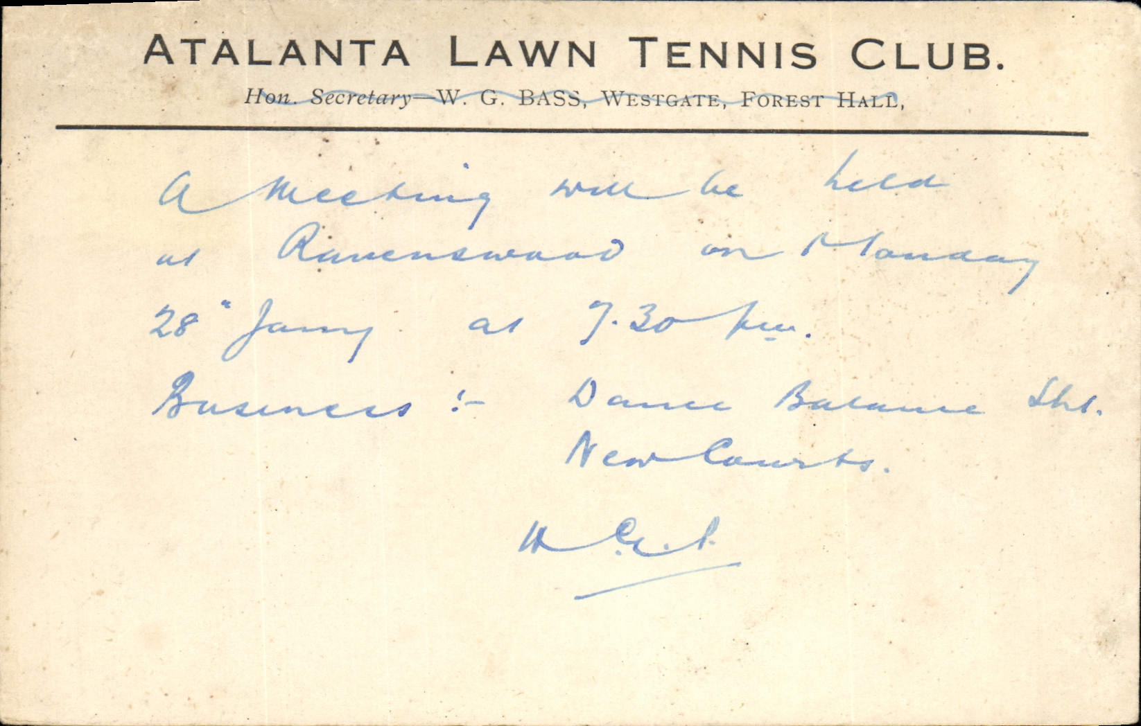 Atalanta Lawn Tennis Club — Meeting announcement — W.G. Bass, Westgate, Forest Hall