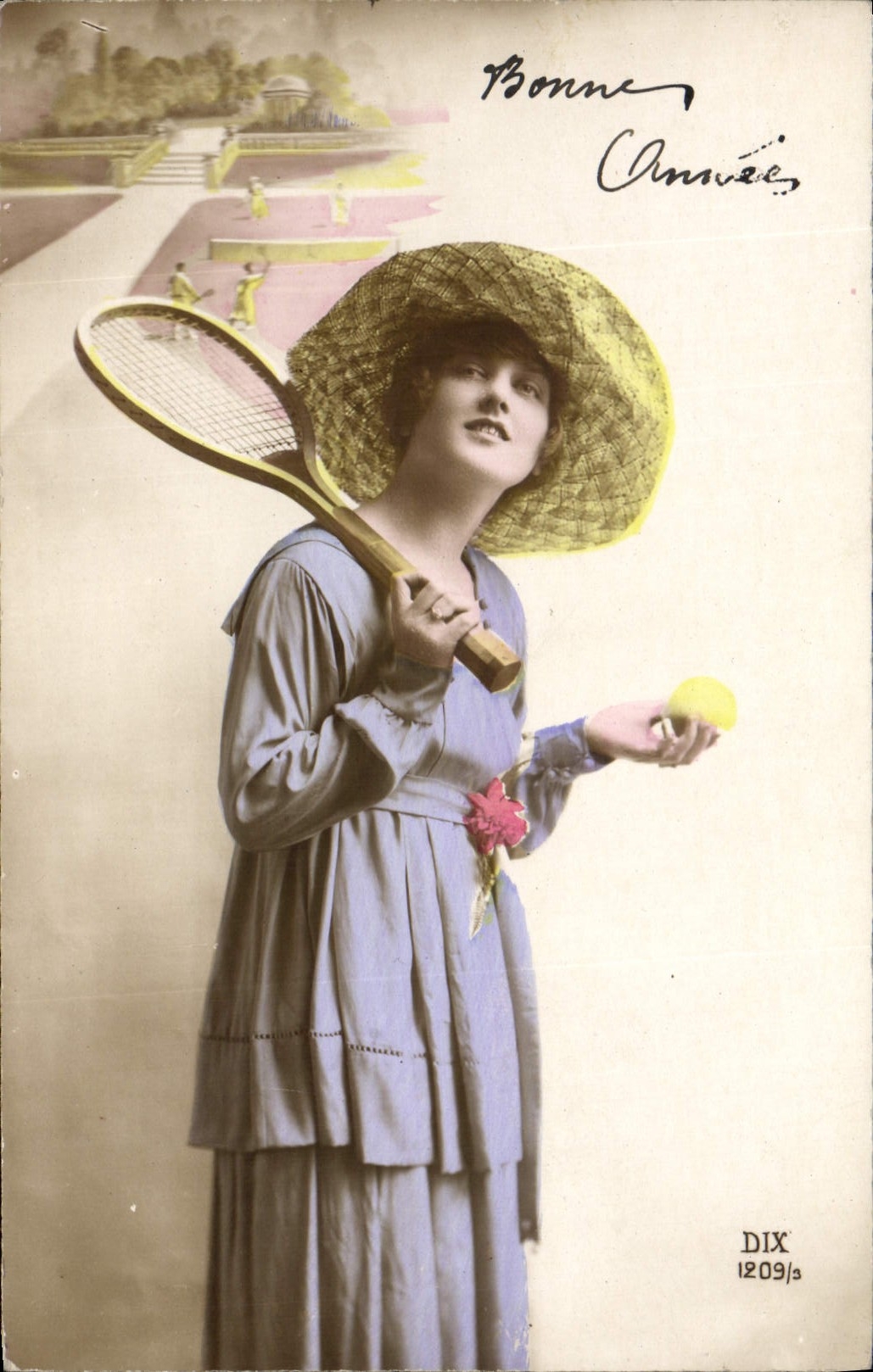 Jeune femme en chapeau de paille tenant une raquette de tennis — DIX 1209/3