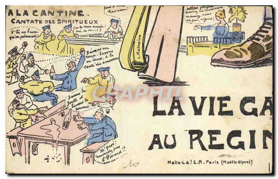 CPA Puzzle Militaria A la cantine Cantate des spiritueux 