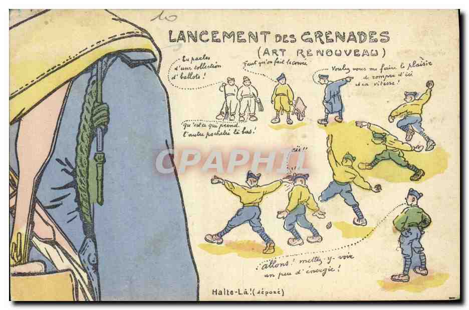 CPA Puzzle Militaria Lancement de grenades Art renouveau 