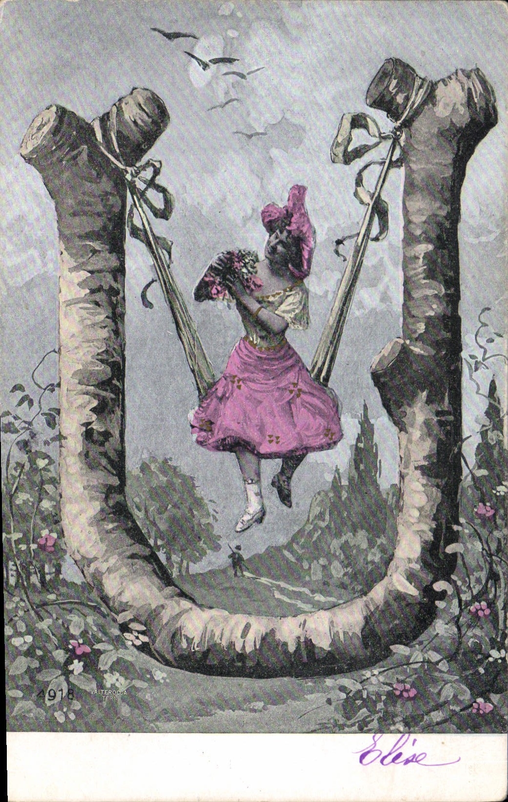 Fille en robe rose sur balançoire en forme de U — Éditeur Elise, n° 1978