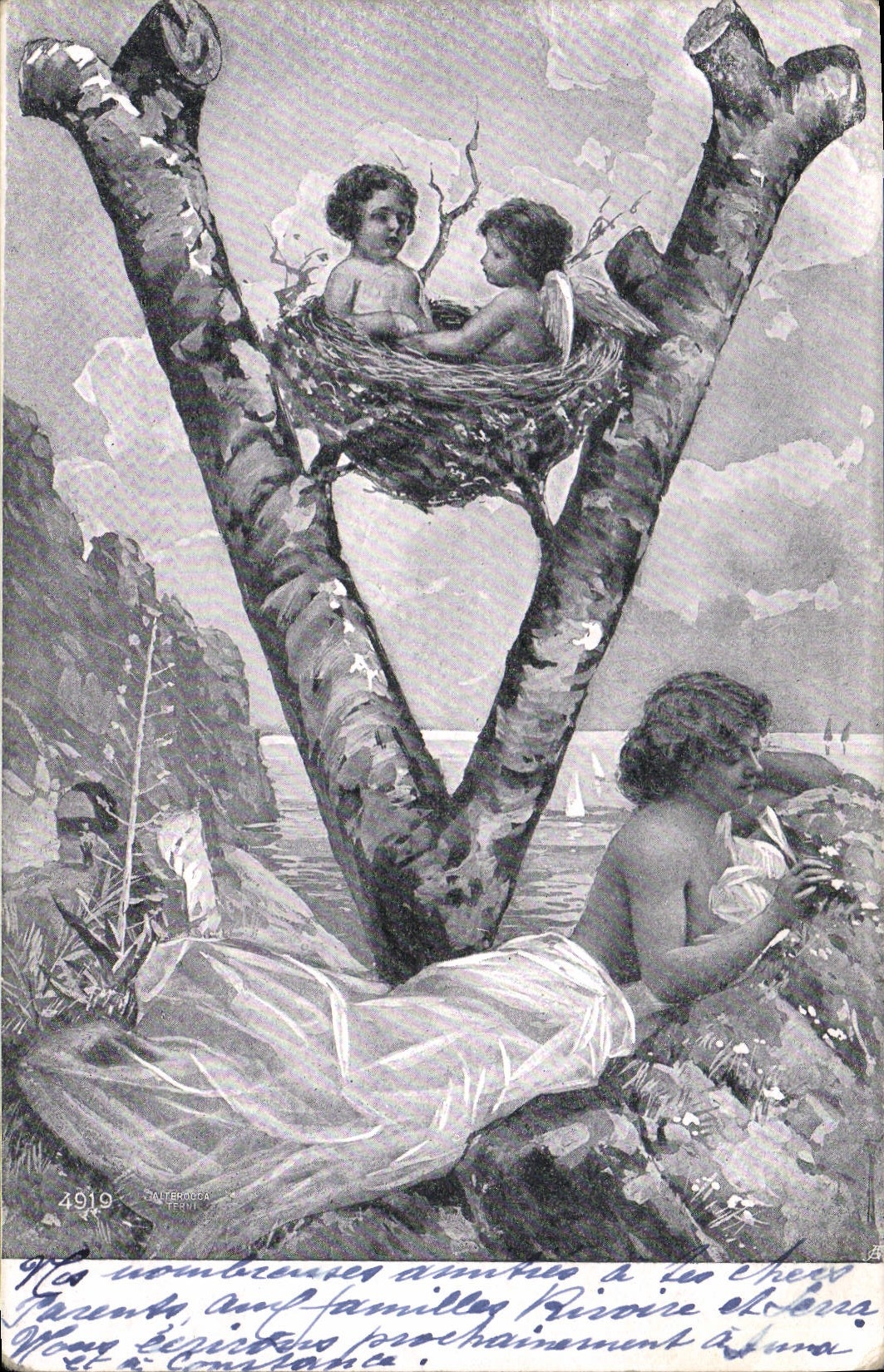Deux enfants dans un nid d'oiseau — scène de mer — éditeur Pater & Cie, n° 4919