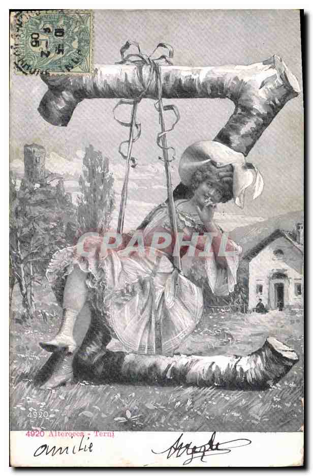 Fille jouant sur un balançoire en tronc d'arbre — éditeur Altergoc - Ternj, n° 4920